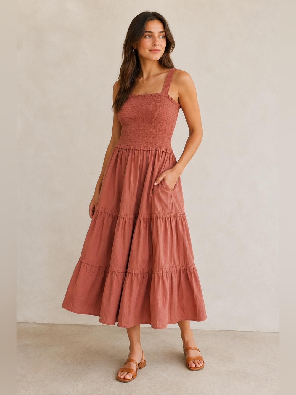 Dress Forum Smocked Tiered Midi Dress w Pockets Mauve Medium NWT